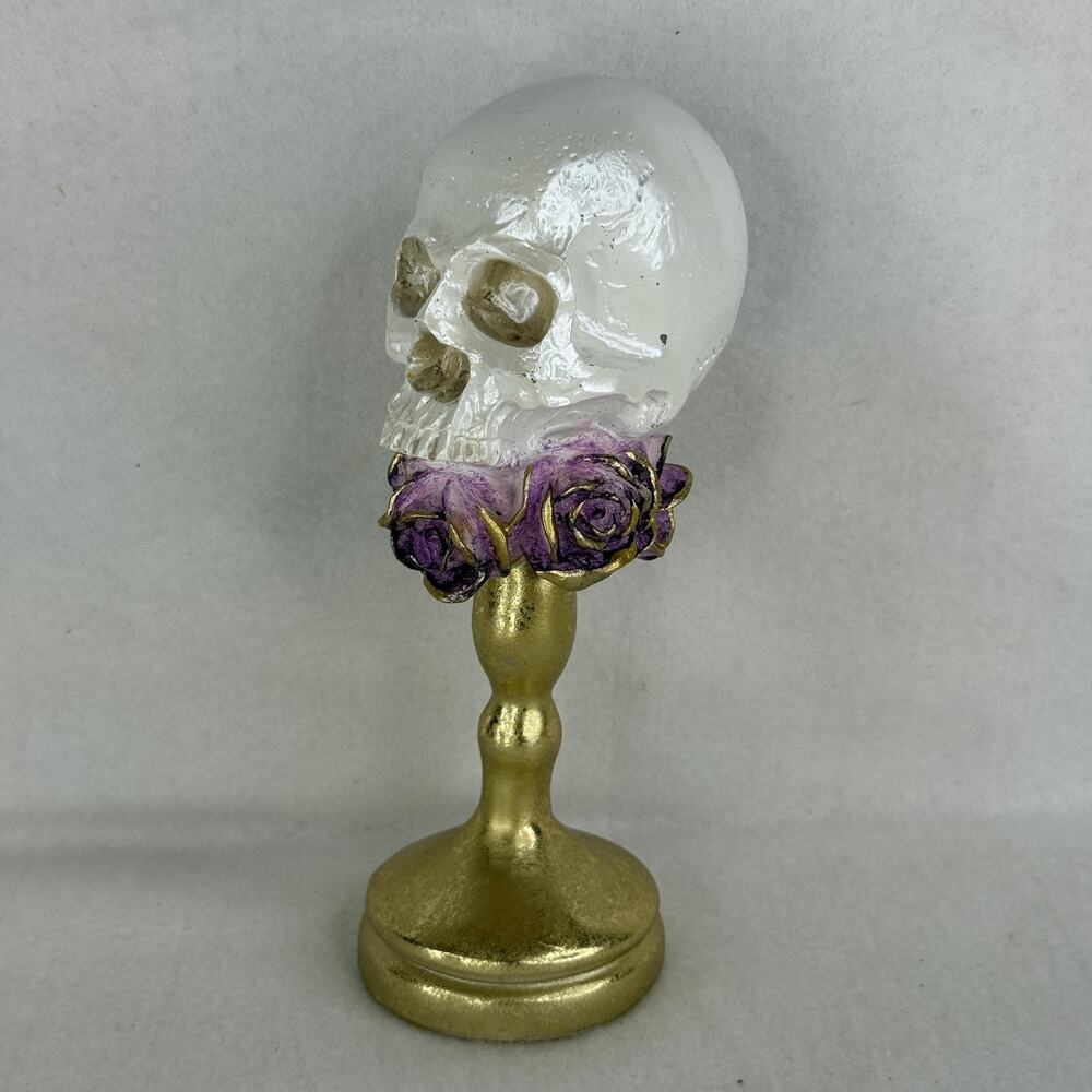 Skull Roses Figurine Small Gold Purple Gothic Display Decor Accent Goth